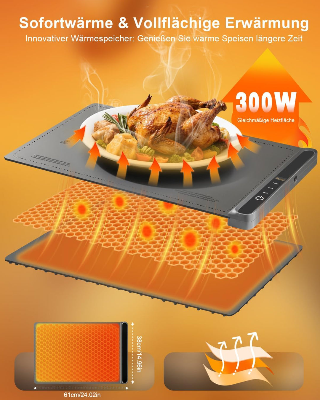 AUTOPkio Warmhalteplatte Elektrisch, Speisenwärmer Wärmeplatte 300W für Speisen Buffetwärmer 6 Tempe