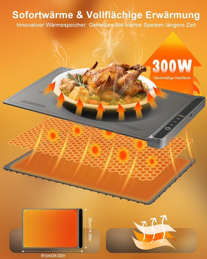 AUTOPkio Warmhalteplatte Elektrisch, Speisenwärmer Wärmeplatte 300W für Speisen Buffetwärmer 6 Tempe