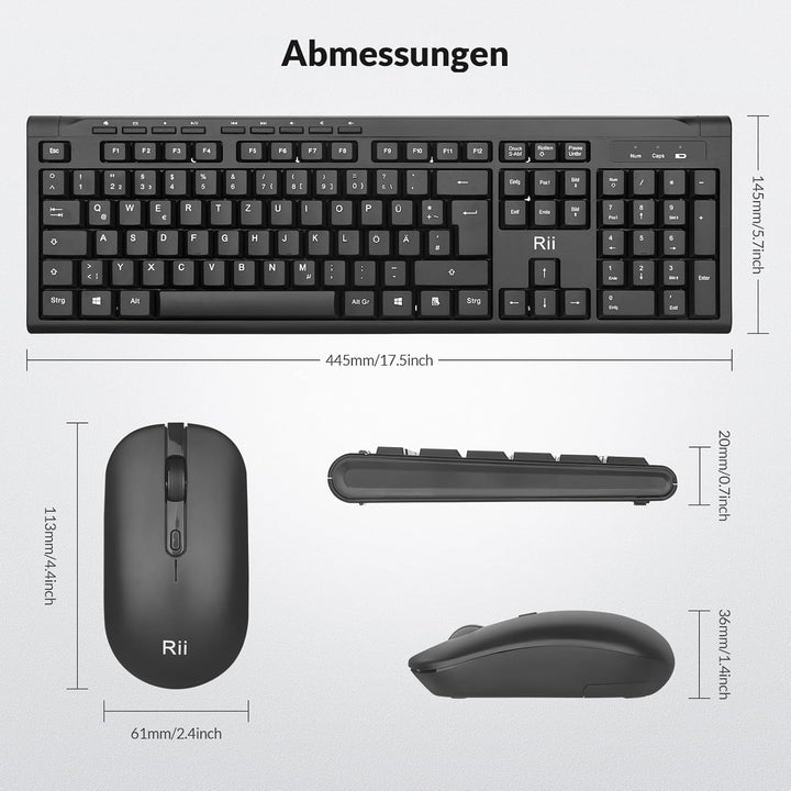 Rii Tastatur Maus Set Kabellos, Funktastatur mit Maus, 9 Shortcut-Tasten Wireless Keyboard and 4 DPI