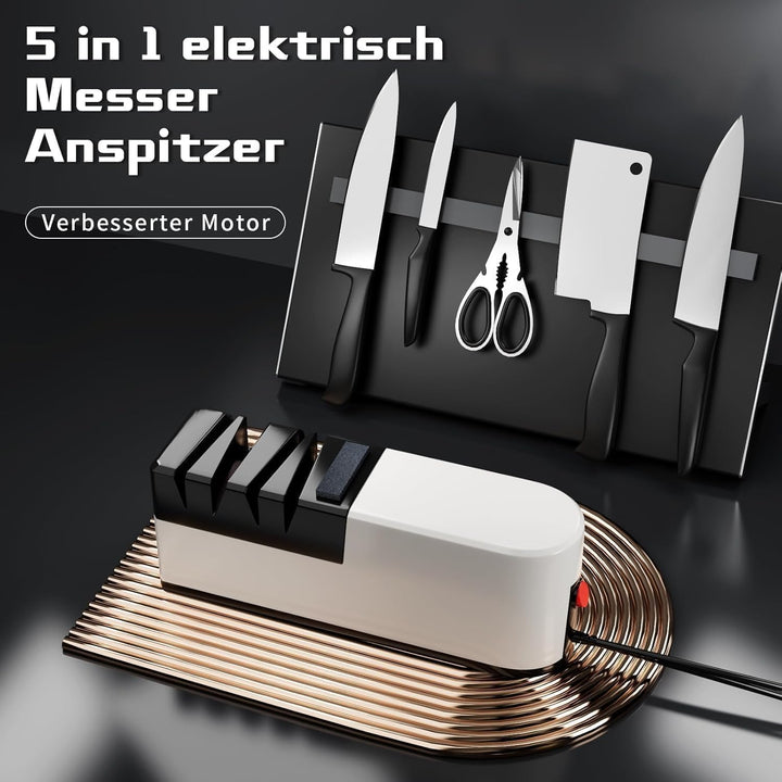 Elektrischer Messerschärfer, 5 in 1 Messerschärfsystem mit gerader Klinge, Profi-Diamant Messerschär