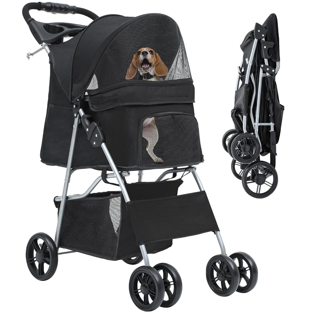 YITAHOME Hundewagen Haustiere Buggy bis 15kg, Hundebuggy mit Netzfenstern & Getränkehalter & Ablagek