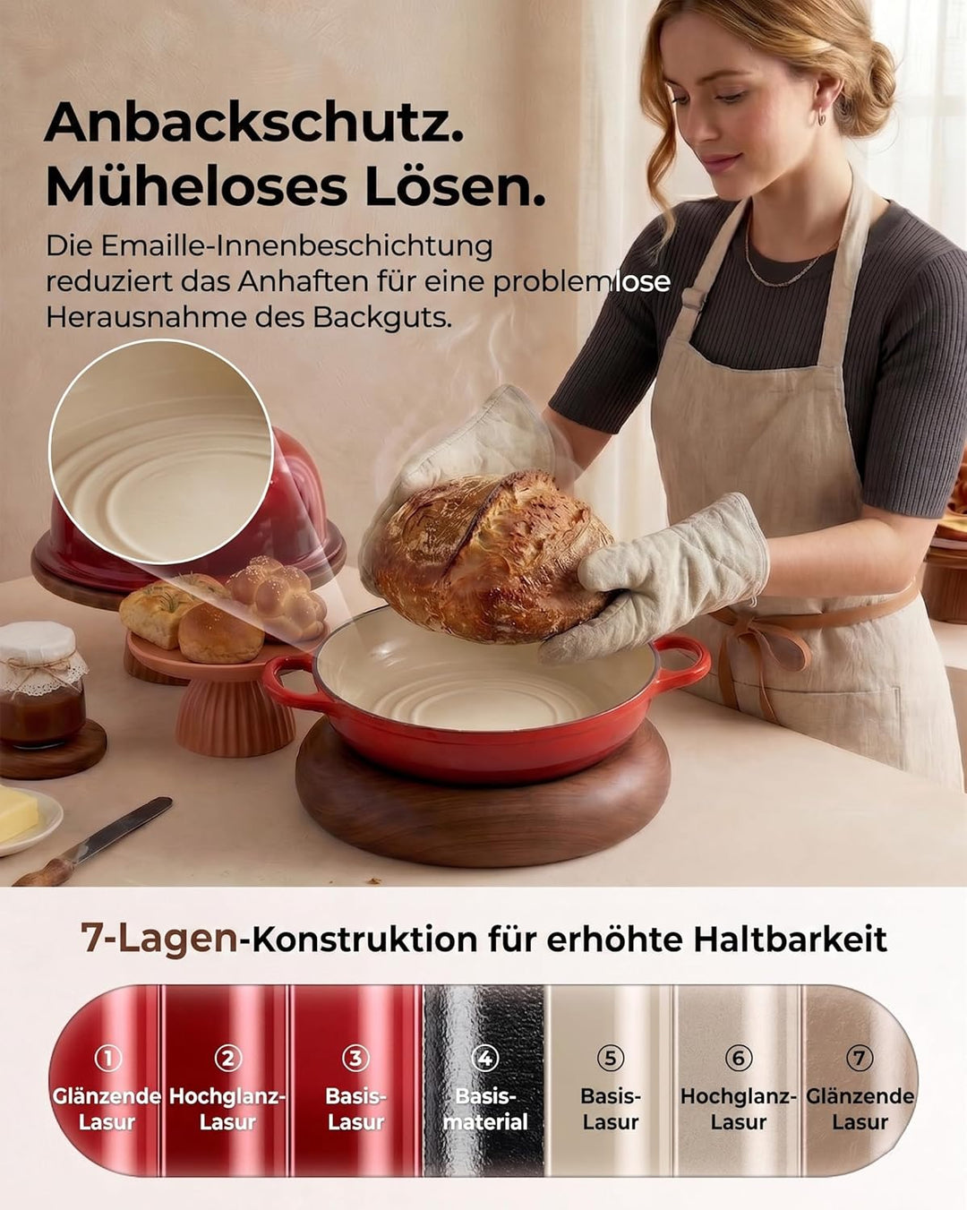 Gusseisen Topf Brot Backen, 4,7L Bräter Emaille Schmortopf mit Deckel und Griffen, 24 cm Dutch Oven,