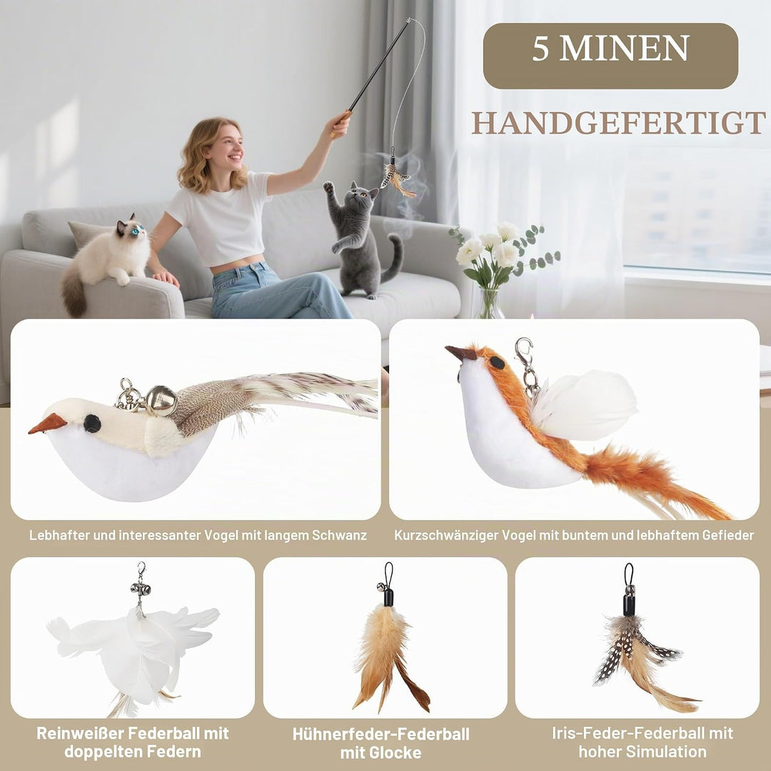 14 Stück Katzenspielzeug, Katzen Spielzeug Set mit 2 Langen Katzenengel, 4 Angelschnüren, 2 Vogel, 3