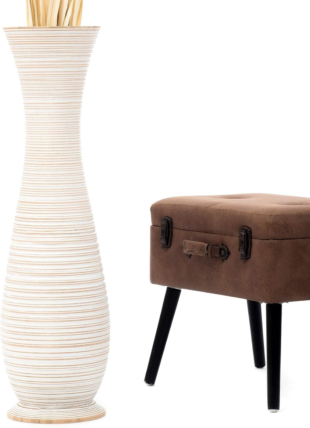 Leewadee Grosse Bodenvase für Dekozweige hohe Standvase Design Holzvase, Holz, 90 cm, White wash 90