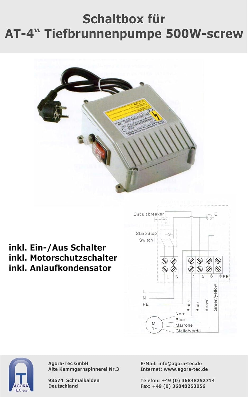 Agora-Tec® 4 Zoll Brunnenpumpe Tiefbrunnenpumpe 500W-screw 15m Kabel sandverträglich-sandresistent