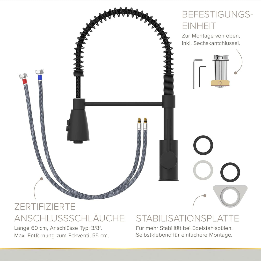 Lenz Küchenarmatur KALANI² in schwarz matt – Armatur mit schwenkbarer Halterung – einfache Installat