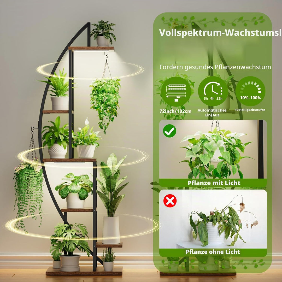 BACEKOLL 6 Ebenen Blumenständer mit Wachstumslichtern - Metall Holz Pflanzenregal - 160CM Innen Blum