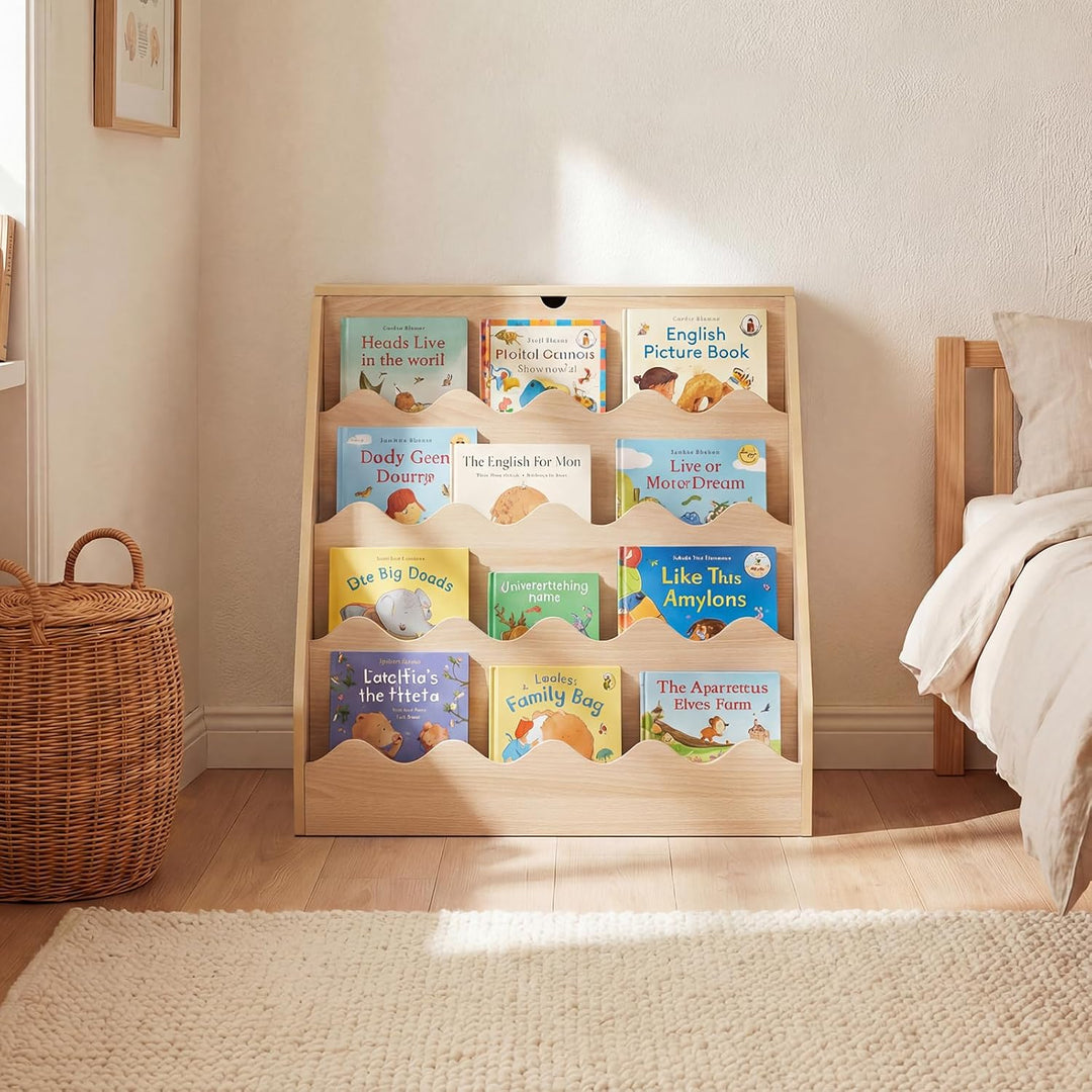 COSTWAY 4 stufiges Kinder Bücherregal, Kinderregal mit aufklappbaren Fach & Schublade auf Rollen, Sp