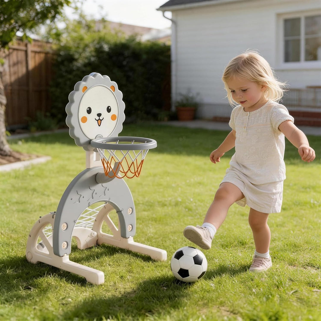 3-in-1 Kinder Basketballkorb Set, Höhenverstellbarer Basketballständer mit Fussballtor und Ringwurf,