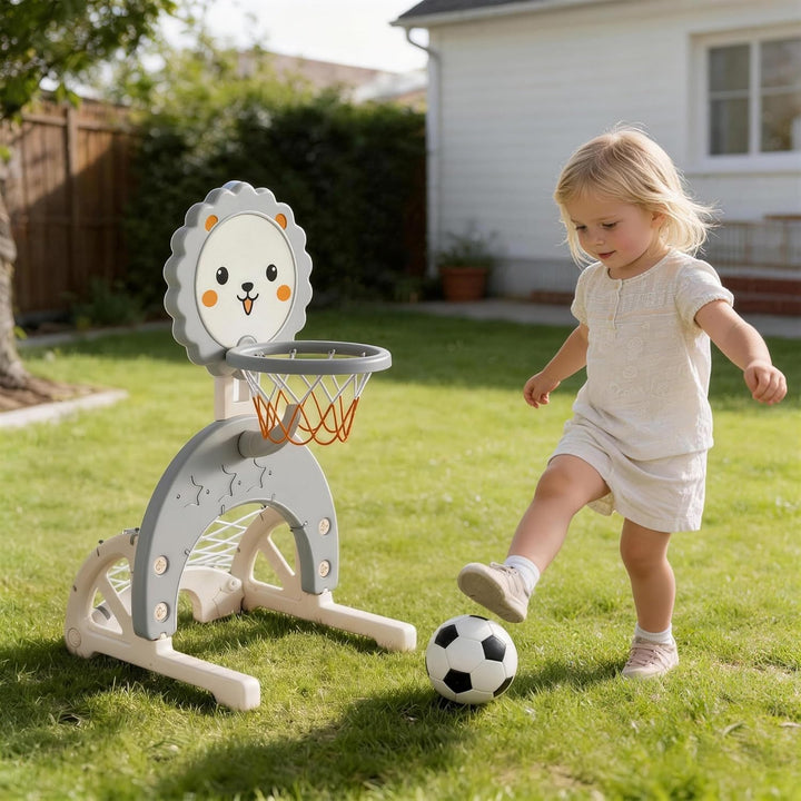 3-in-1 Kinder Basketballkorb Set, Höhenverstellbarer Basketballständer mit Fussballtor und Ringwurf,