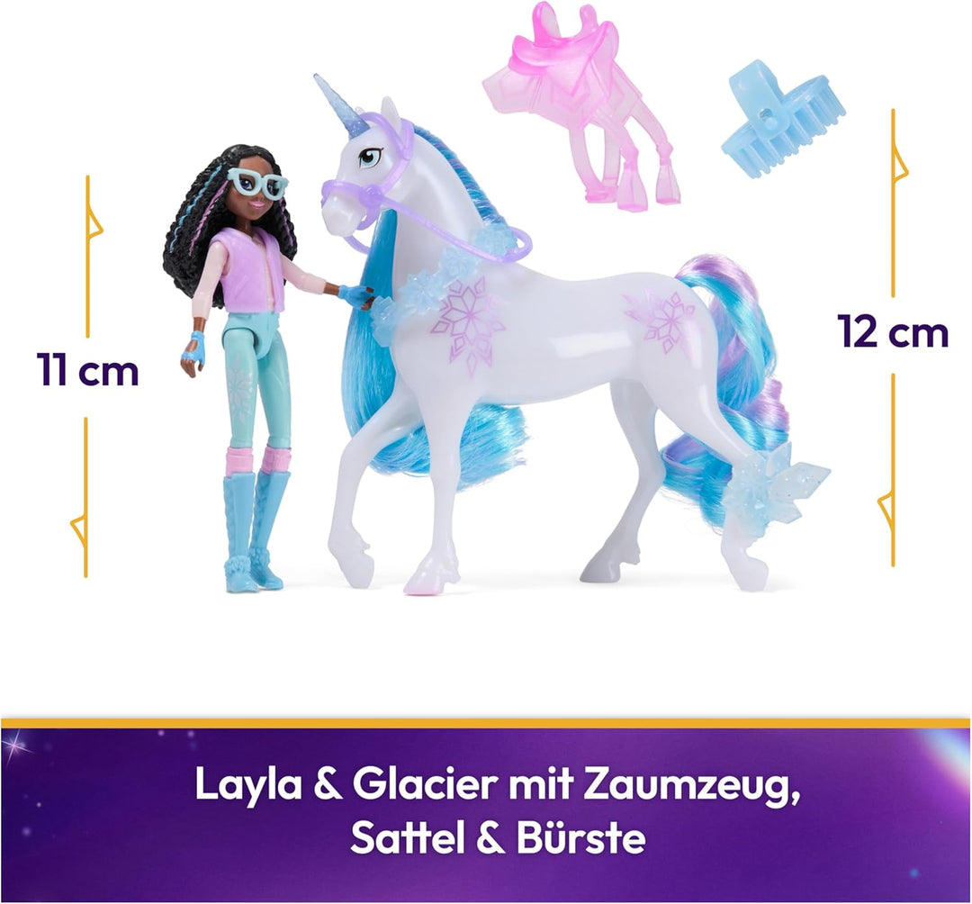 Unicorn Academy Set - Layla und Einhorn Glacier mit echter Mähne und Schweif sowie Bürste, ca. 12 cm