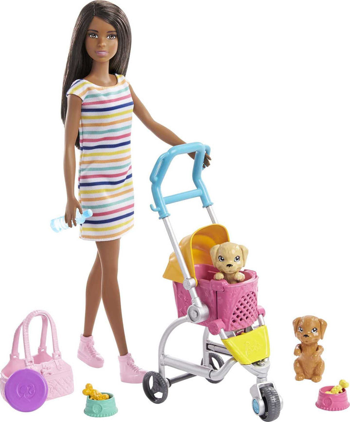 Barbie GHV93 Hundebuggy Spielset Puppe, 2 Hündchen und Wagen für die Hündchen Verschiedene Farben Si