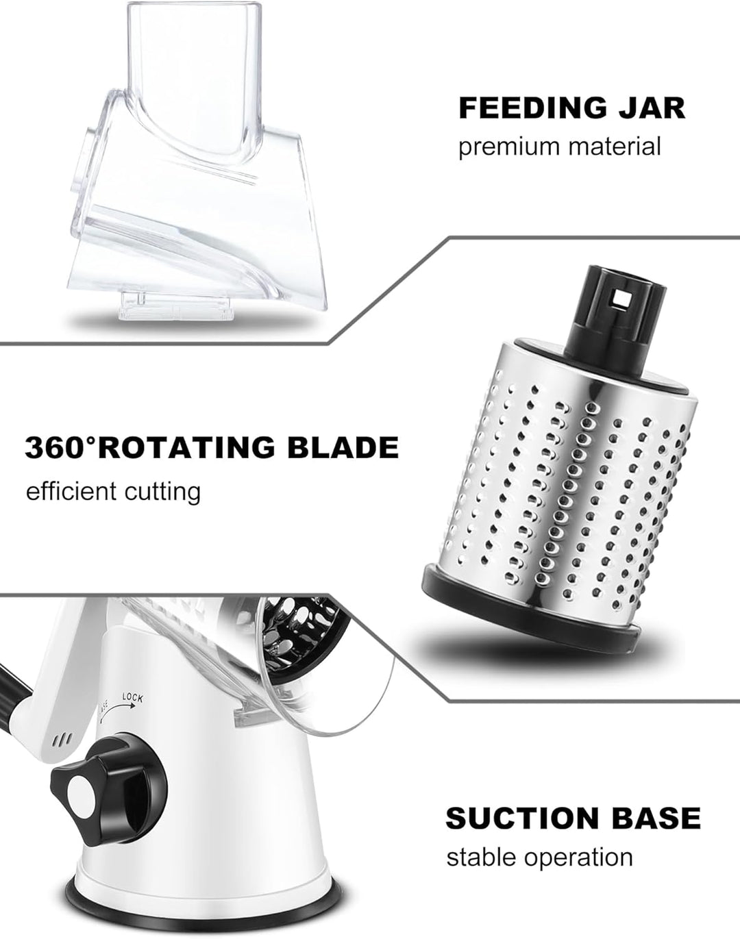 GDL Käsereibe mit Kurbel, Gemüsehobel mit 3 austauschbaren Trommelklingen, Reibe Küche Schnelles Sch
