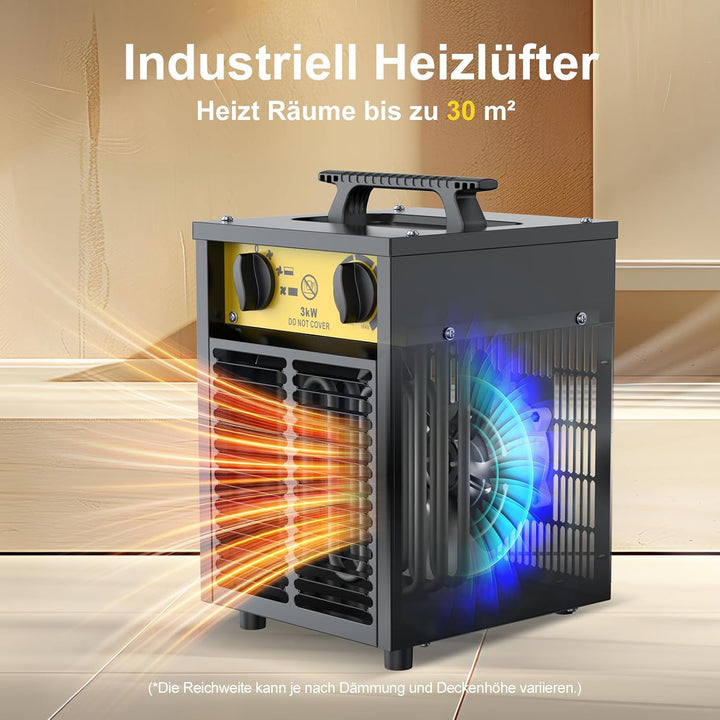 Elektro Heizlüfter Bauheizer 3000 Watt mit Thermostat & 3 Heizstufen | 230v, IP24, Stahlgehäuse, Ind