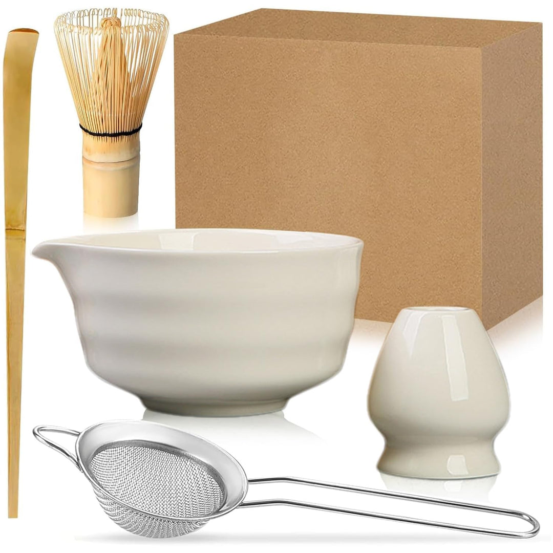 5 Stück Matcha Set, Bambus Matcha Besen, Keramik Matcha Schale mit Ausgiesser, Matcha Whisk, Schaufe