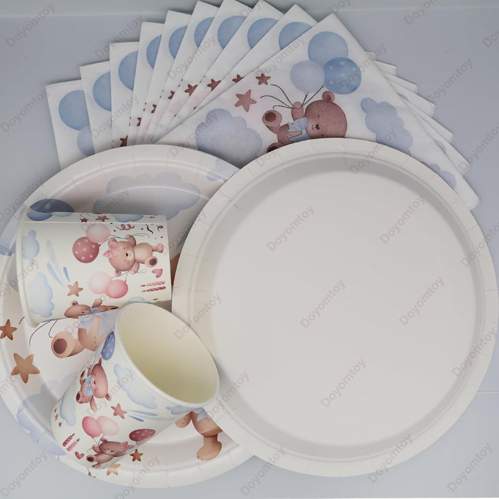 Doyomtoy Plüschbär Partygeschirr,60 Stück Plüschbär Babyparty Deko,Bären-Pappteller Becher,Serviette