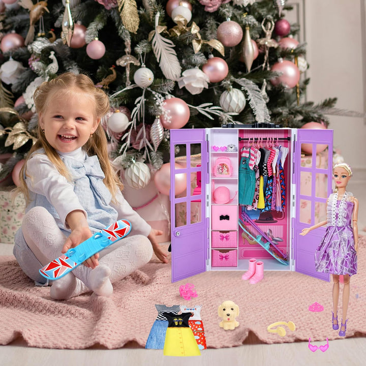 Sidola Doll Closet Kleidung und Accessoires - 135-teilig mit Stauraum für Puppen, Kleiderschrank-Set