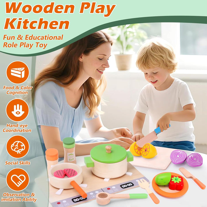 Kinderküche Zubehör Holz, Spielküche Zubehör, Holzspielzeug Inklusive Topfset Küchenspielzeug und Ob