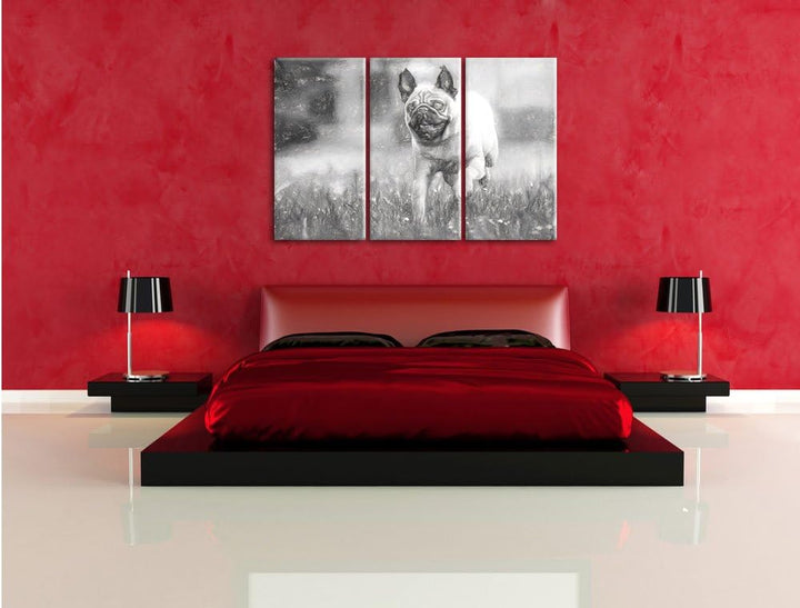 Pixxprint Rennender Mops Kunst als Leinwandbild/Grösse: 3 Teilig (120x80) / Wandbild/Kunstdruck/fert
