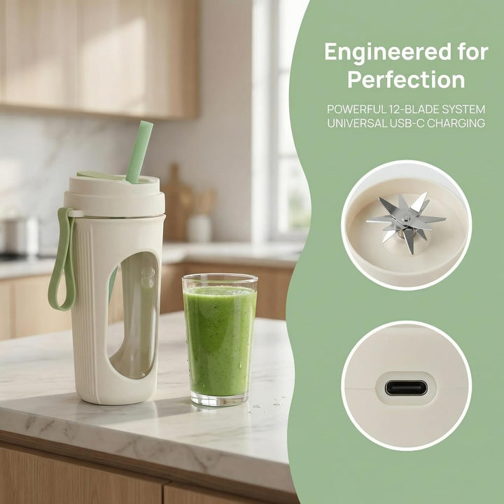 Tragbarer Mixer Smoothie Maker 450ml Mini-Mixer mit Strohhalm, 2 Auslaufsicherer Deckel, 12-Blatt-Ed
