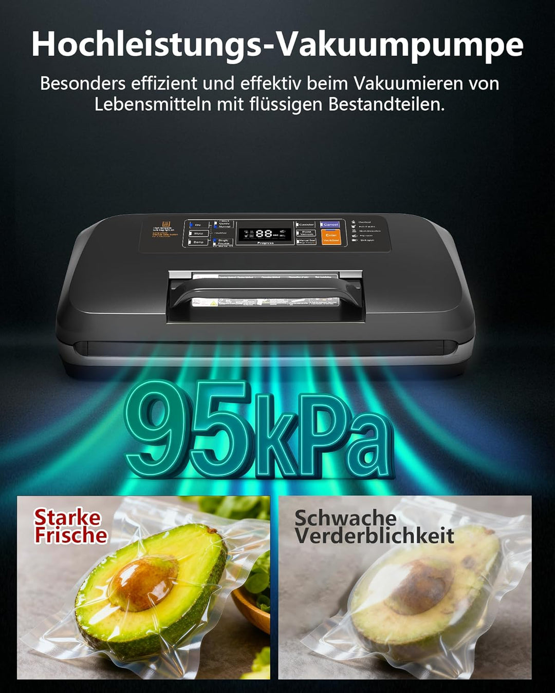 95kPa Vakumierergerät für Lebensmittel, 12-in-1 Vacuum Sealer mit Doppelter Heisssiegelung, Vakuumie
