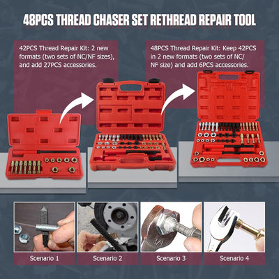 MOTOCOCHE 48-TLG Gewinde-Chaser-Reparatur-Set UNC UNF & Metrisches Gewinde-Reparatursatz mit 24 Schn