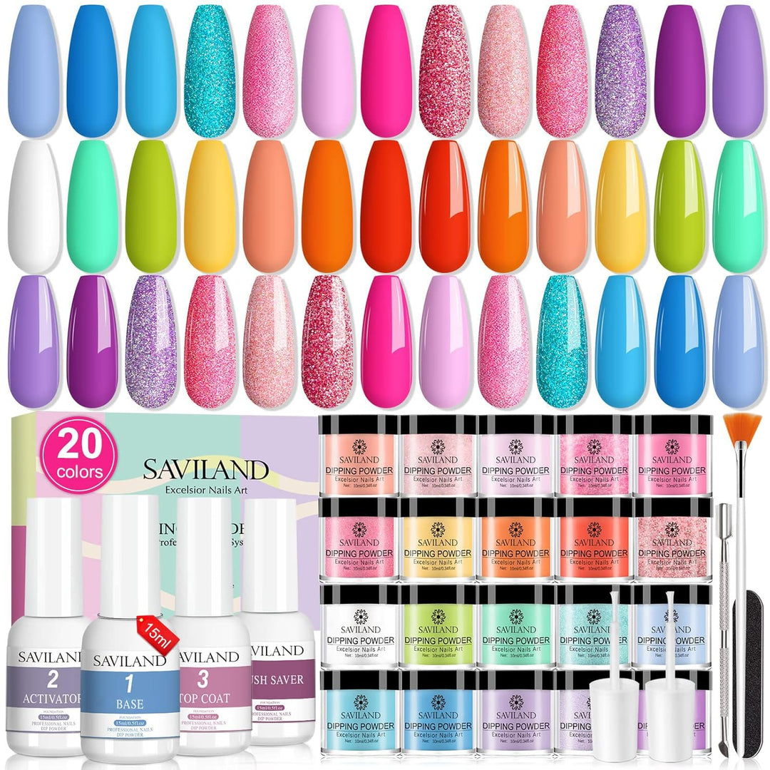 Saviland 29 Stück Dip Powder Nail Kit–20 Farben Dipping Powder Starter Kit Dipping Powder Nails Set