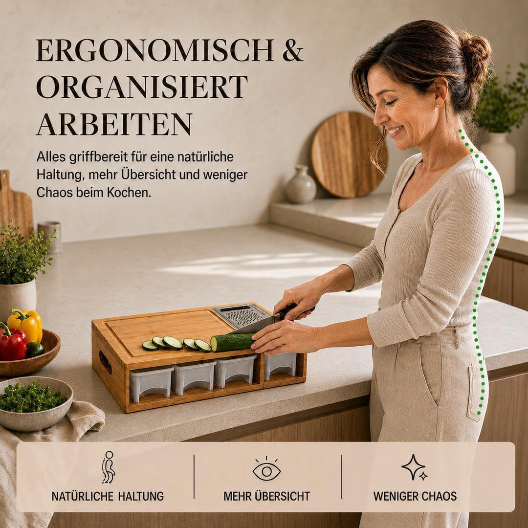 Bambus-Schneidebrett mit Auffangschale, 4 Behältern, Reibe &amp; Mandoline | Bambus Schneidebrett mit Au