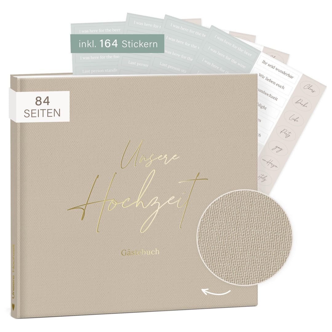 mintkind® Gästebuch Hochzeit zum Ausfüllen Beige inkl. 4 Stickerbögen | 84 Seiten zum kreativen Gest