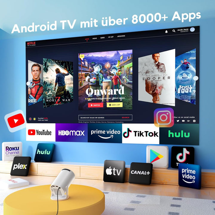 Mini Beamer Unterstützt 1080P [Android 11 & Auto Trapezkorrektur] AKIYO O2 Smart Projektor mit WiFi