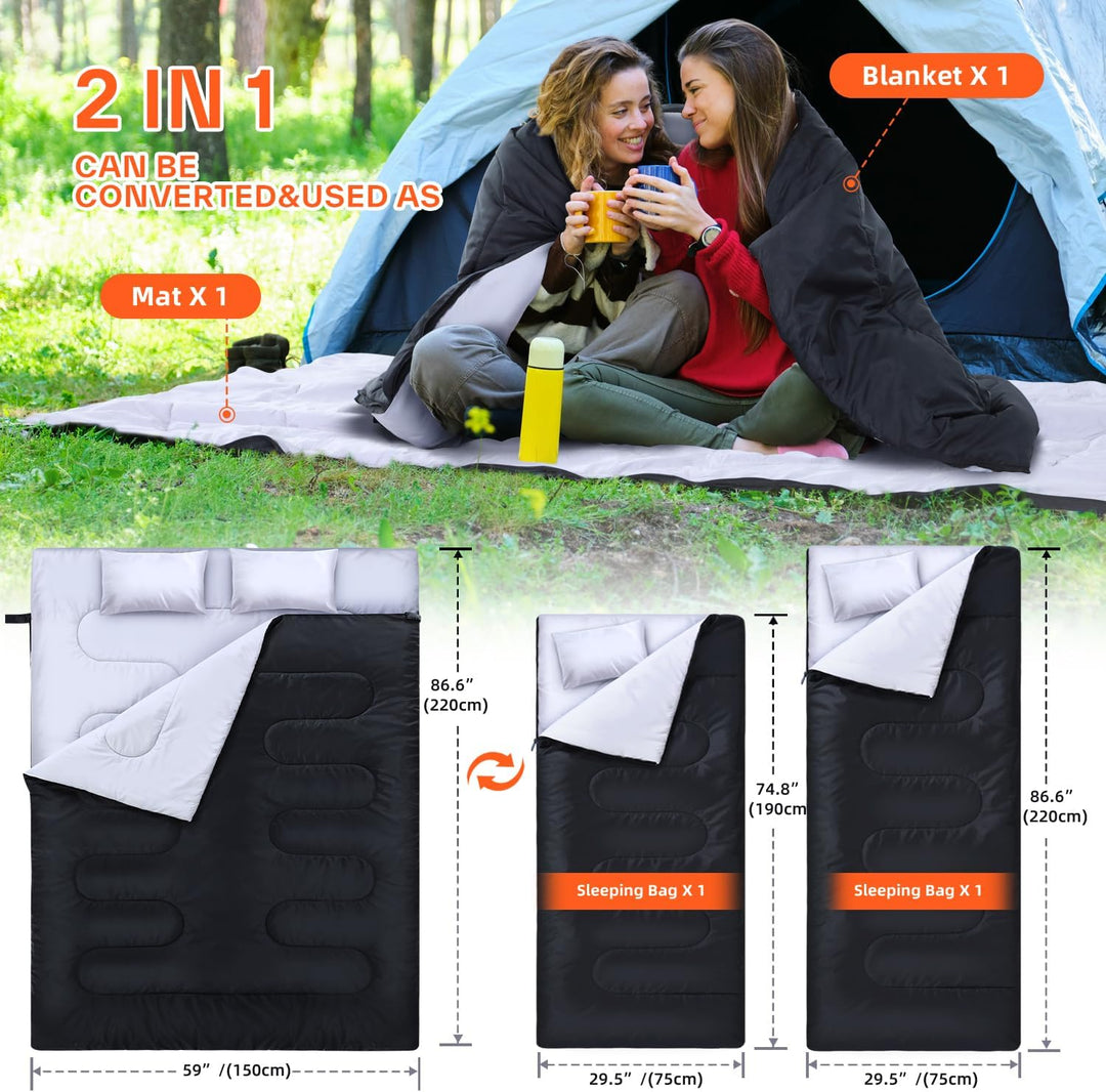 Ohuhu Dicker Doppelte Schlafsack 220 x 150cm Erwachsene Deckenschlafsack mit 2 Gratis Kissen und ein