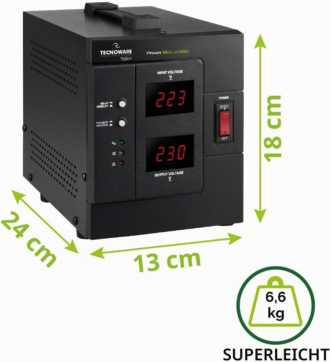 Tecnoware Power Reg 2000VA - Einphasiger Elektronischer Stabilisator - Stabilisierung ±6% - Kabelein