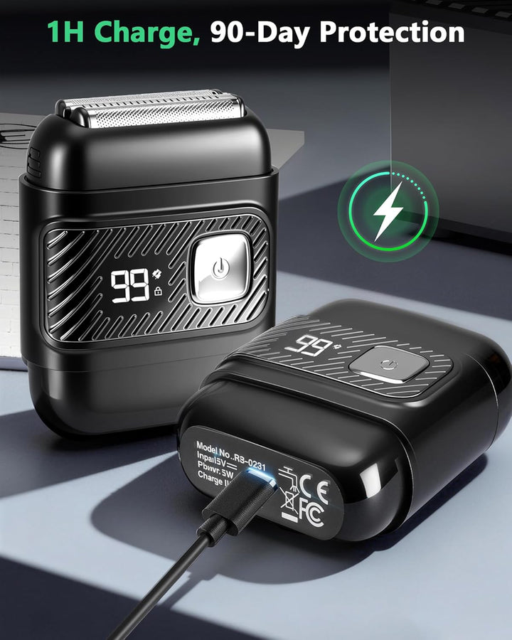 Elektrischer Rasierer Herren, Mini Elektrorasierer mit USB-C Schnellladung, 100min Laufzeit, Wasserd
