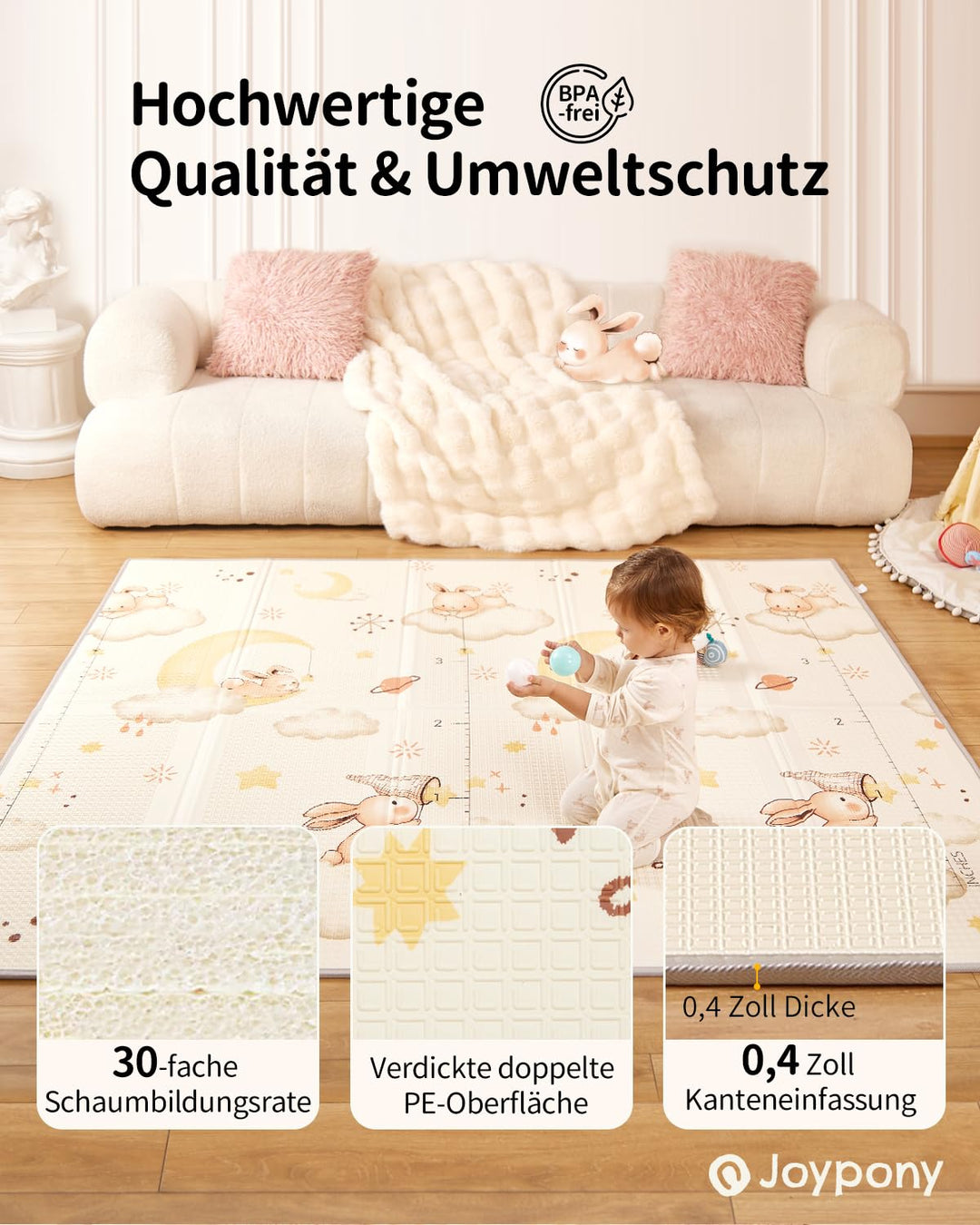 Joypony Krabbelmatte Baby Faltbar, 150 x 180 x 1cm Spielmatte Kinder | Rutschfest &amp; Wasserdicht | Do