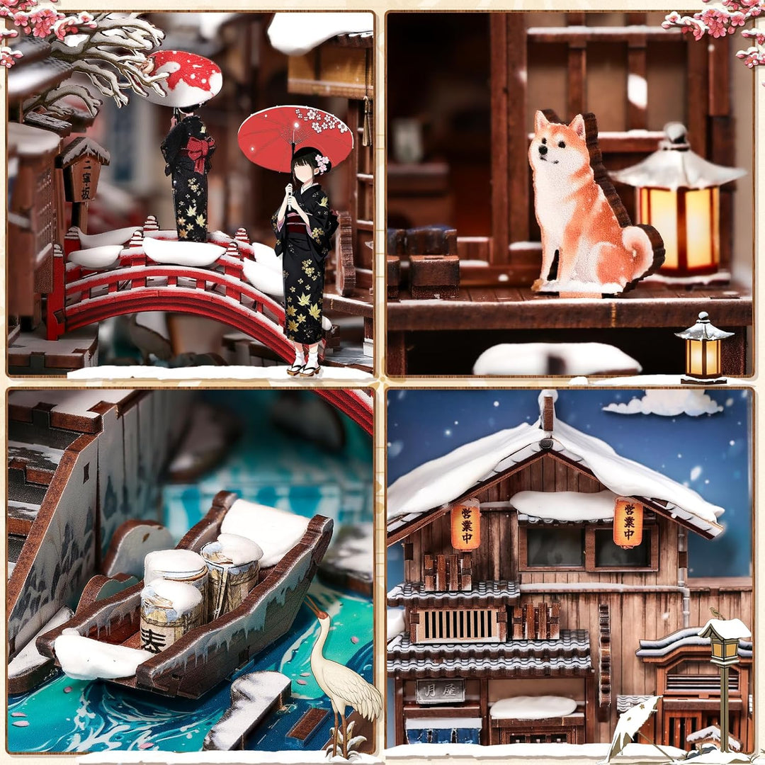 Fsolis Book Nook Kit –Kyoto Snow Whisper Booknook, Japanischer Puppenhaus-Szene, 3D Puzzle Set, Büch