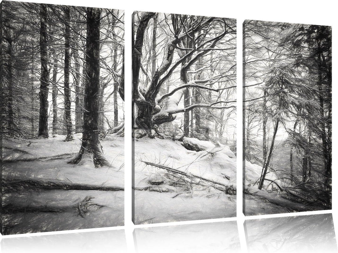 Pixxprint Wald mit Schnee bedeckt als Leinwandbild/Grösse: 3 Teilig (120x80) cm/Wandbild/Kunstdruck/