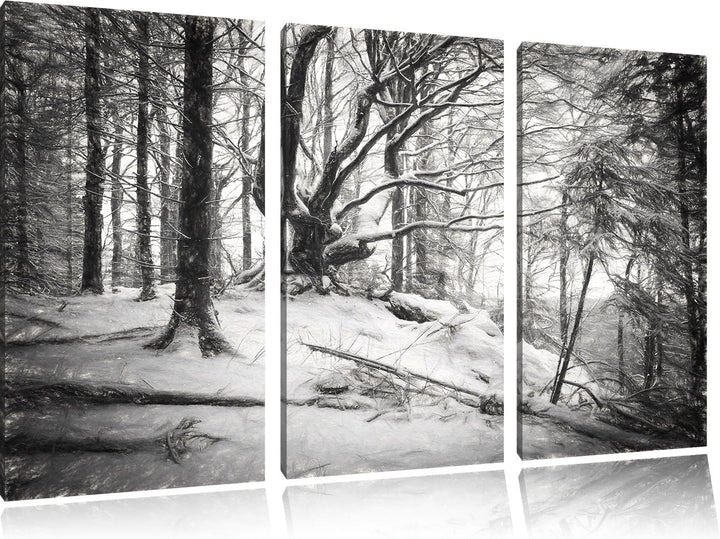 Pixxprint Wald mit Schnee bedeckt als Leinwandbild/Grösse: 3 Teilig (120x80) cm/Wandbild/Kunstdruck/
