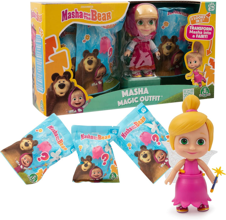 Mascha und der Bär, 12 cm grosse Masha-Puppe mit abnehmbarem Kleid und Haaren, 3 Überraschungstasche