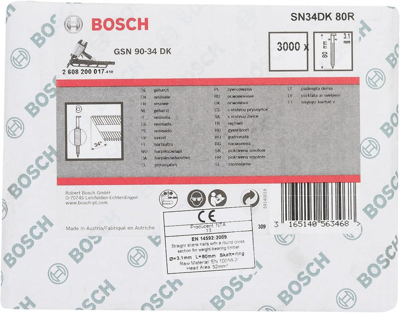 Bosch Professional 2608200017 Nagel D-Kopf Nagel 34°, blank, geringt; SN34DK 80R 80Rx3,1xmm,x80xmm,