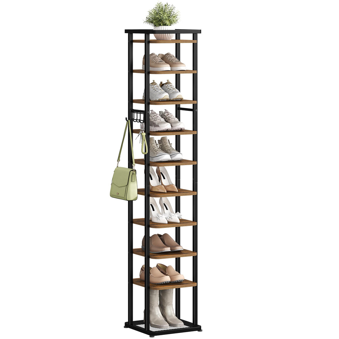 Vertikales Schuhregal, 10 Ebenen Schmales Schuhregal mit Haken, Verstellbar, Platzsparend, Schuhturm