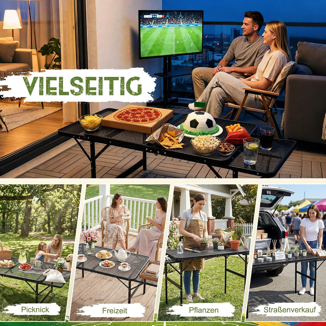 Tragbarer Campingtisch 90x60cm, Höhenverstellbar & Klappbar Gartentisch mit Metallgitterplatte, Erwe