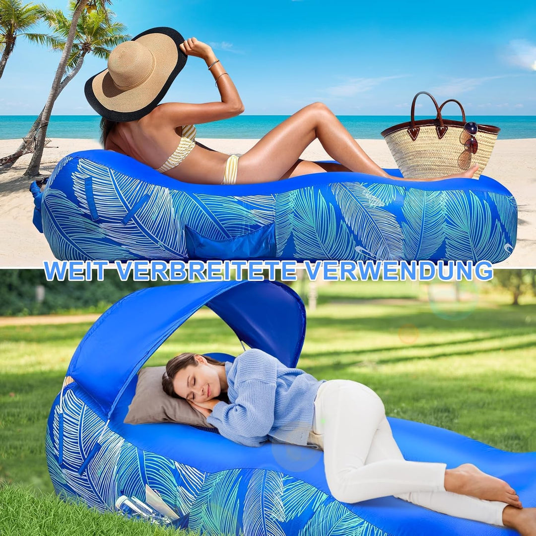 Aufblasbares Sofa (70 x 190 cm) mit Sonnenschutz | Luftliegestuhl, Outdoor-Luftkissen, Luftsitzsack,