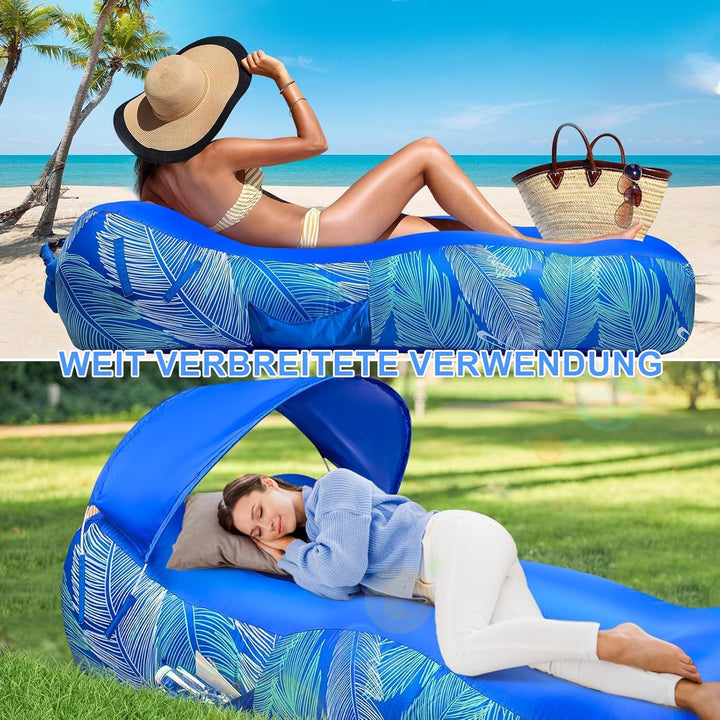 Aufblasbares Sofa (70 x 190 cm) mit Sonnenschutz | Luftliegestuhl, Outdoor-Luftkissen, Luftsitzsack,