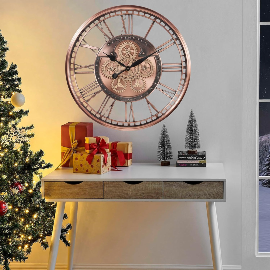 Wanduhr mit echtem Bewegungsgetriebe Zahnrädern, modern, 53,3 cm, industriell Steampunk, gross, Meta