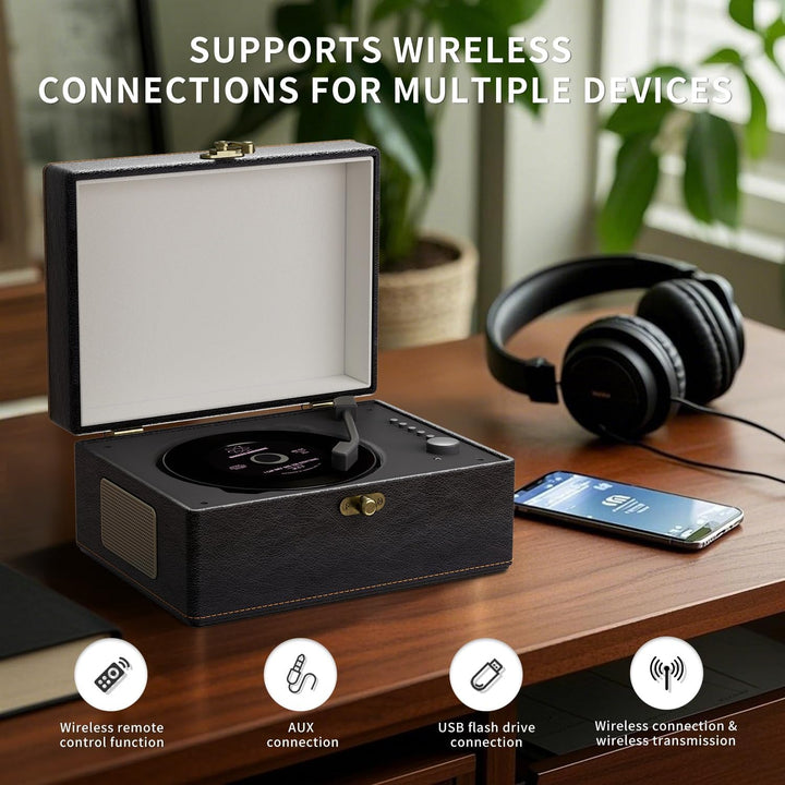 Yintiny Tragbarer CD-Player im Vintage-Stil mit Bluetooth-Konnektivität, Aussenseite aus Leder