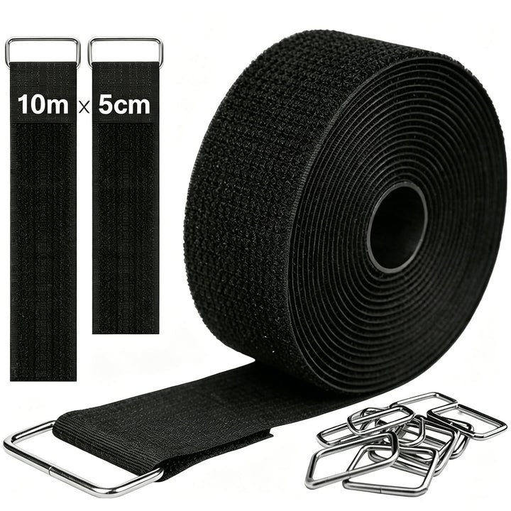 10m x 5cm Klettband mit 30 Schnallen, Breit Klett Kabelbinder Wiederverschliessbar, Frei Zuschneidba