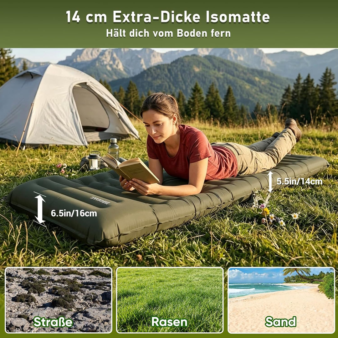 Elegear Isomatte Camping, 14CM Verdicktes Aufblasbare Luftmatratze mit Fusspumpe, Strapazierfähiges