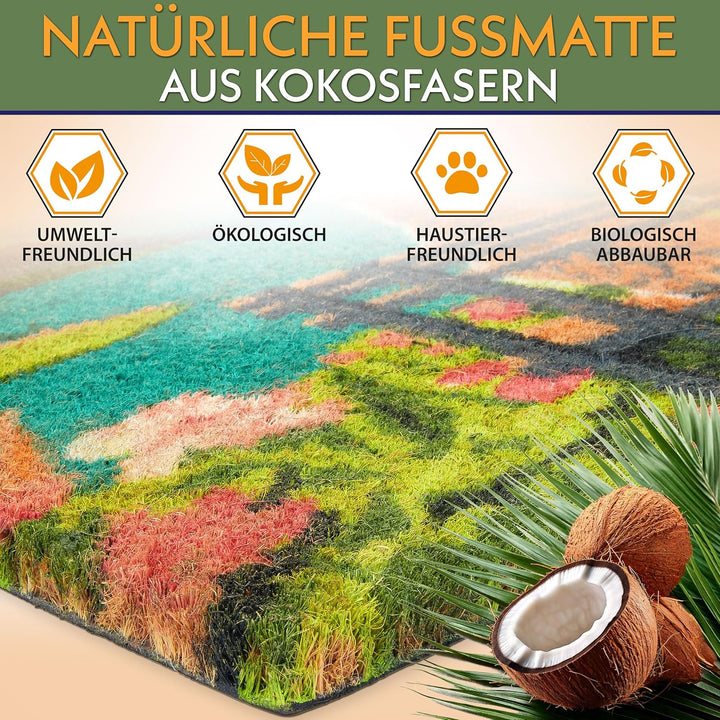 BRUBAKER Fussmatte für Aussen und Innen - Hund und Katze auf Bank vor Bergsee mit Blumen - 45 x 75 c