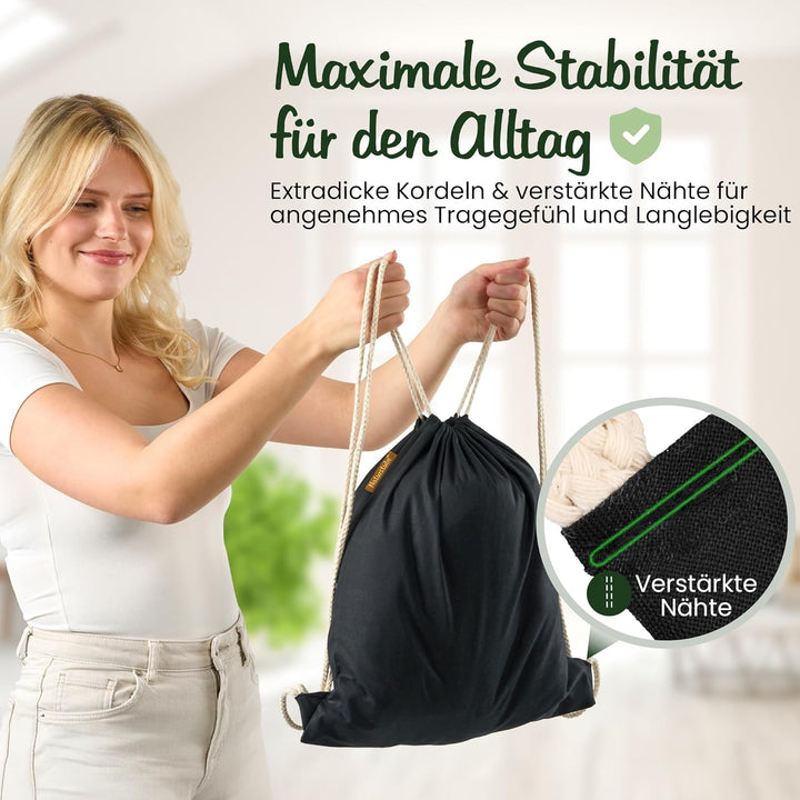 Baumwoll 10er Set Schwarzer Turnbeutel Sportbeutel Zuziehbeutel Gymsack Sack Jute Schule Rucksack, S