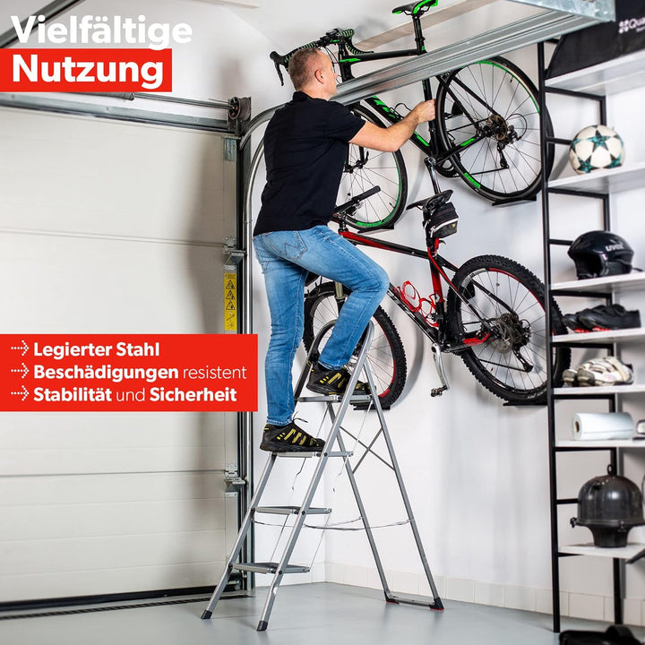 KADAX Klappleiter aus Stahl, Trittleiter mit Traglast bis 150kg, Leiter mit Klappsicherung, Handlauf